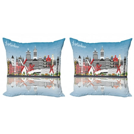 Amsterdam Throw Pillow Cushion Cover Pack of 2, Composition of Calligraphy with the City Skyline and Reflection on Water, Zippered Double-Side Digital Print, 4 Sizes, Multicolor, by (Cities With The Best Water)