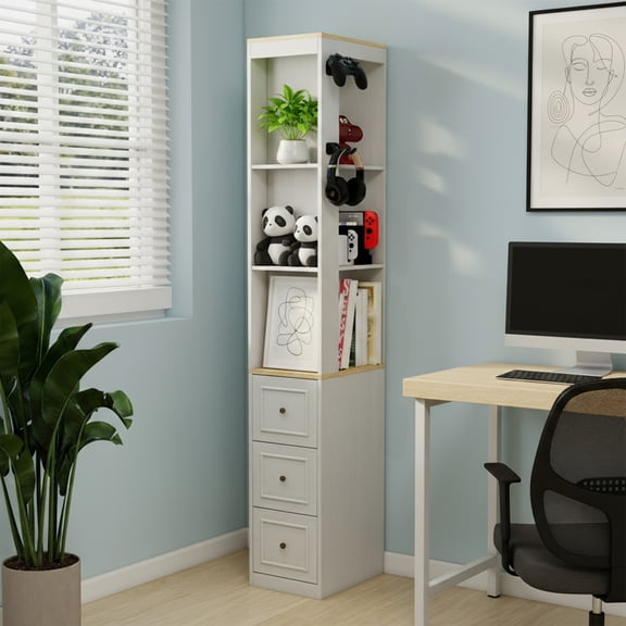 73"H Narrow Bookcase, 3-Tier Storage Cabinet with 3 Drawers & 2 Hooks, Modern Display Storage Shelves for Living room, Study, Bathroom, Antique White