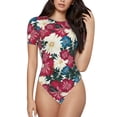 thumbnail image 2 of Uemuo Beautiful Flower Pattern Women's One Piece Short Sleeve Swimsuit Rash Guard Surfing Modest Quick-drying Swimsuit Beach Essentials-Small, 2 of 9