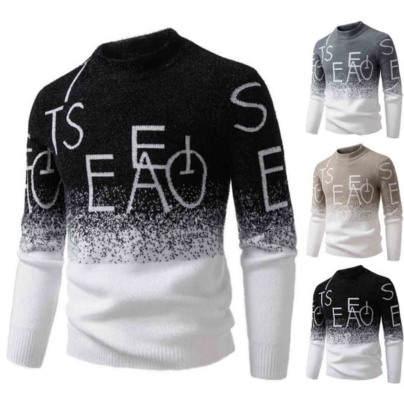 WAENQINLA Men's Fashion Jacquard Sweaters with Letter Graphic Vintage Oversized Pullovers Long Sleeve Mock Neck Warm Knitted Tops Khaki XXL