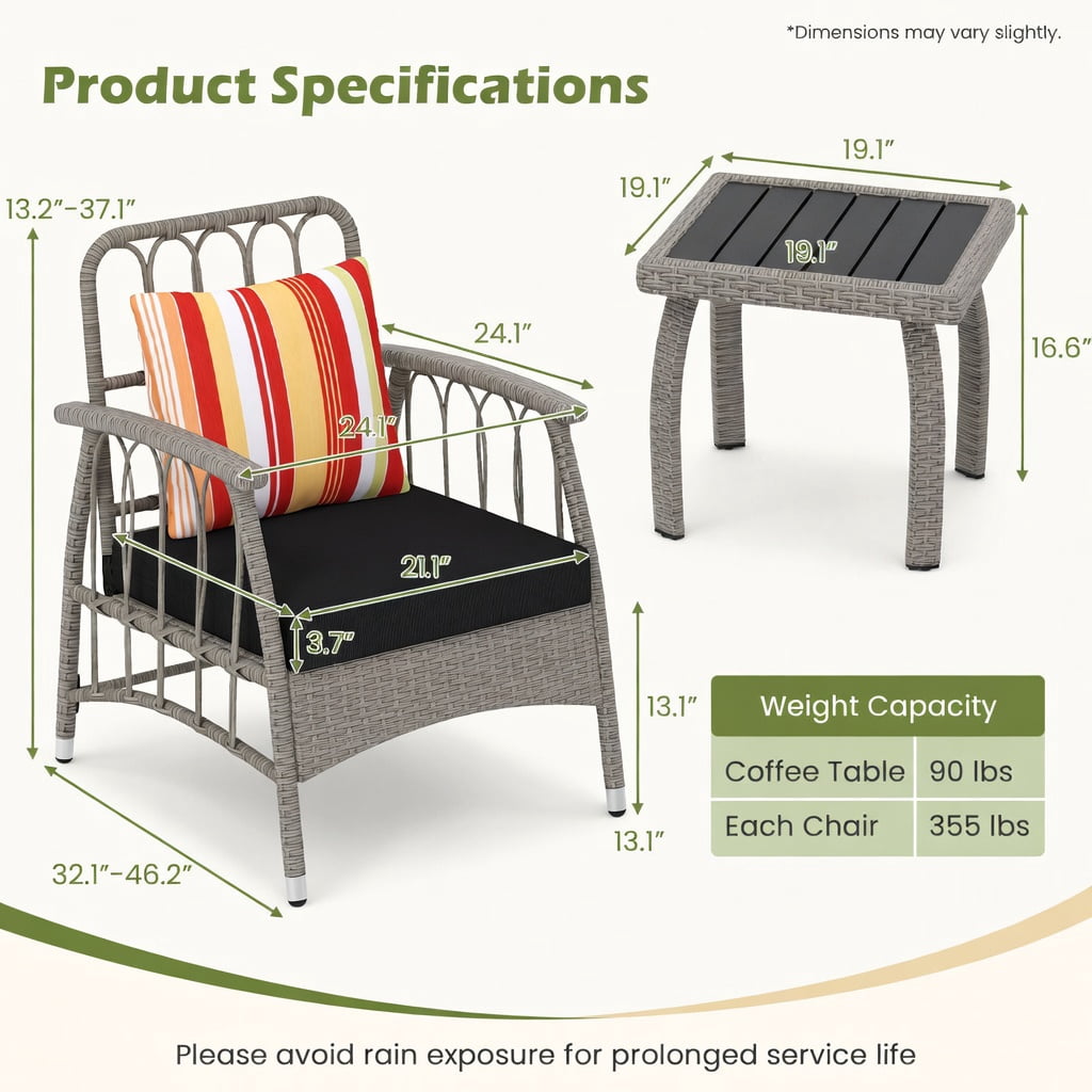 Hommoo 3-Piece PE Wicker Patio Furniture Set, Outdoor Chairs with 5-Position Adjustable Backrest & Square Coffee Table, All-Weather Garden Seating for Porch, Balcony, Backyard, Gray