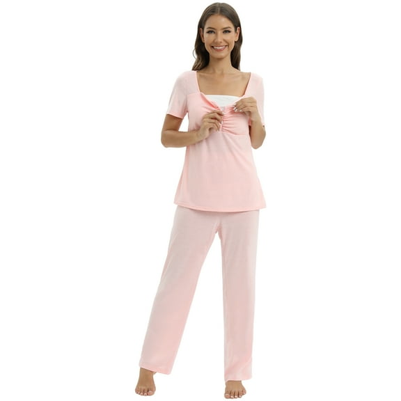 Women's Maternity Nursing Pajamas Set Zipper Breastfeeding Sleepwear Set Soft Short Sleeve Tops with Long Pants 2 Piece Pregnancy Loose Loungewear Pjs Set S-3XL