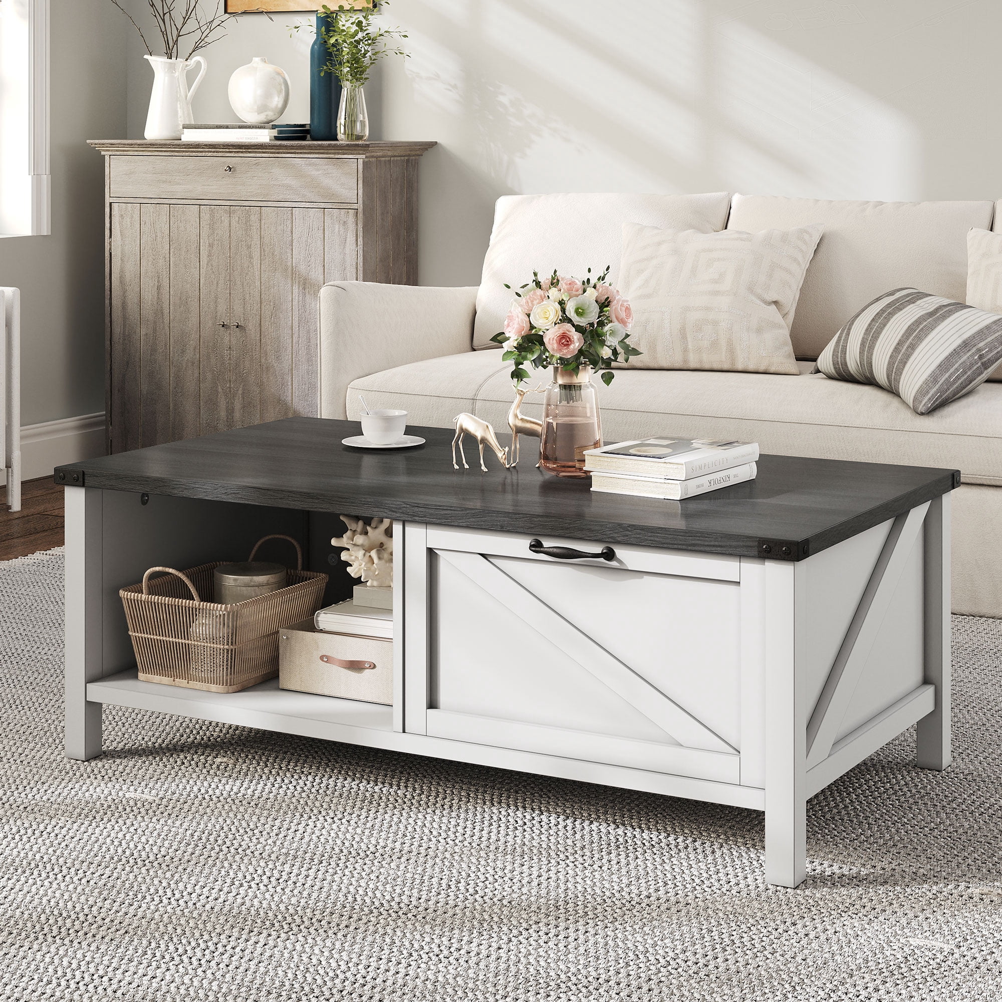 Dextrus Farmhouse Coffee Table with Storage, 2-Tier Storage Open Shelf Rustic Living Room Tables, White & Black