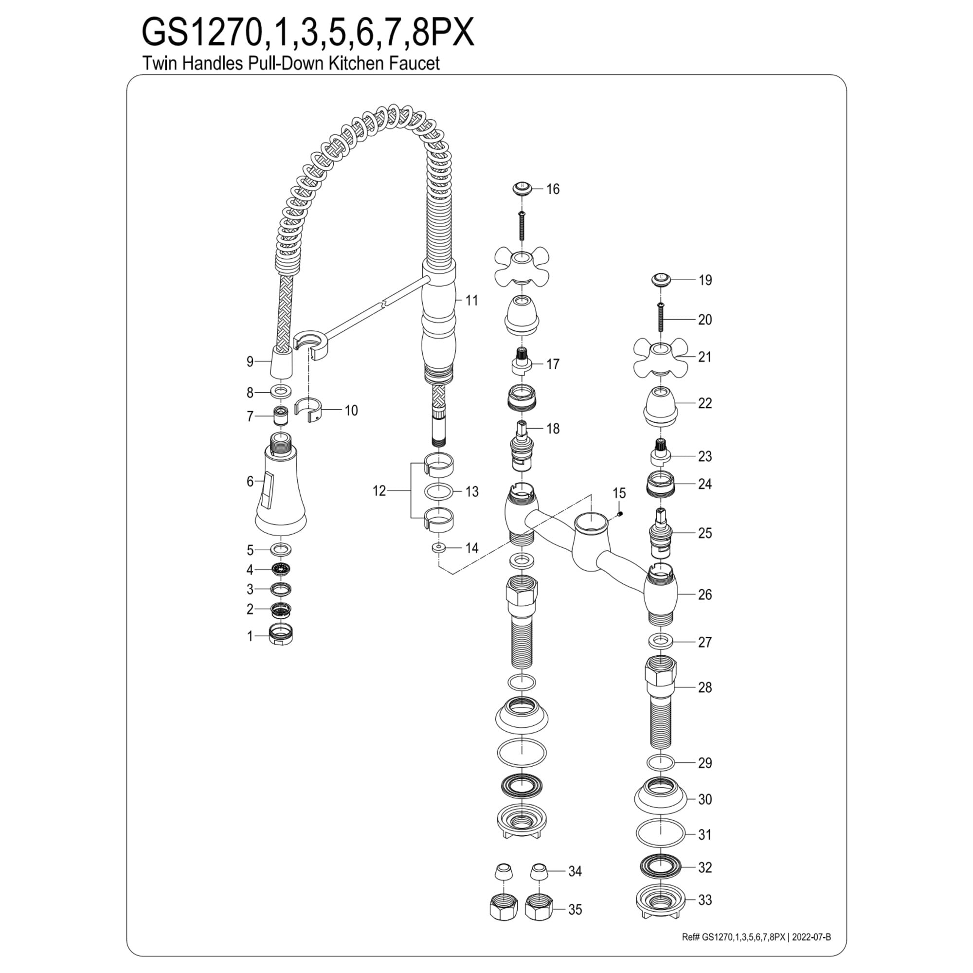 Kingston Brass GS1278PX Heritage Double-Handle 2-Hole Deck-Mount Pre-Rinse Bridge Kitchen Faucet in Brushed Nickel