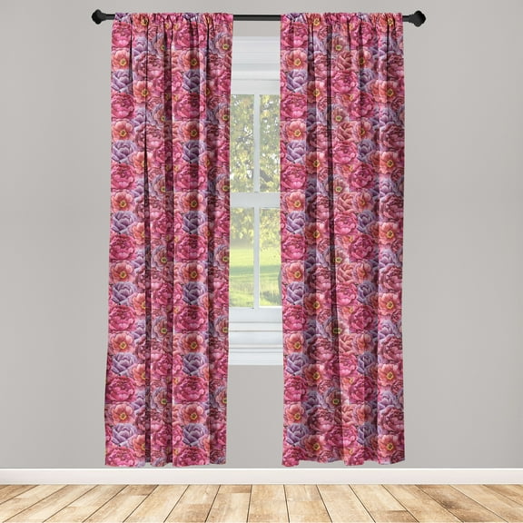 Floral Window Curtains, Warm Tones Colorful Nature Peonies Spring Season Flowers Repeated Pattern, Lightweight Decor 2-Panel Set with Rod Pocket, Pair of - 28"x63", Pink Coral and Lilac, by Ambesonne