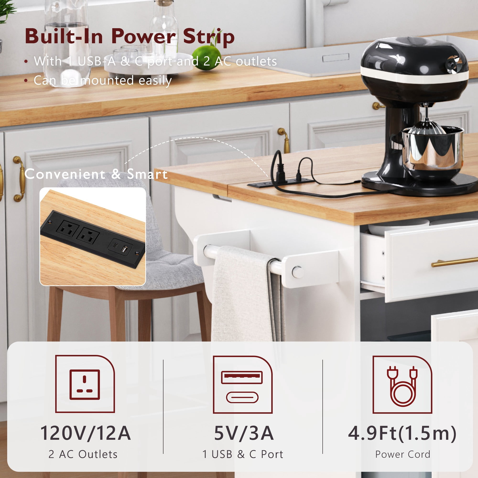 59.3" Kitchen Island with Storage 2 Pull Out Cabinet Organizers & Rubber Wood Drop Leaf, Rolling Kitchen Island with Trash Can Storage, Power Outlet, Spice & Towel Rack for Kitchen, Dining, White