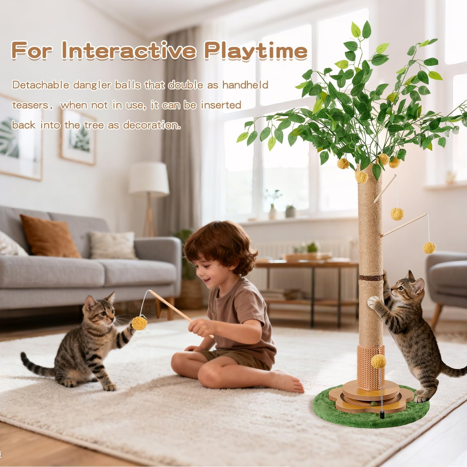 45 Tall  Scratching Post with Sisal Rope for Indoor Cats Adults Kittens,  Tree Scratcher with Hanging Balls,  Groomer, Track Balls