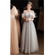 thumbnail image 2 of DongCMY, vestido largo de lujo de verano para mujer, vestido informal de princesa de fiesta de cintura alta, escote barco, vestido de gasa gris claro con plumas, 2 of 5