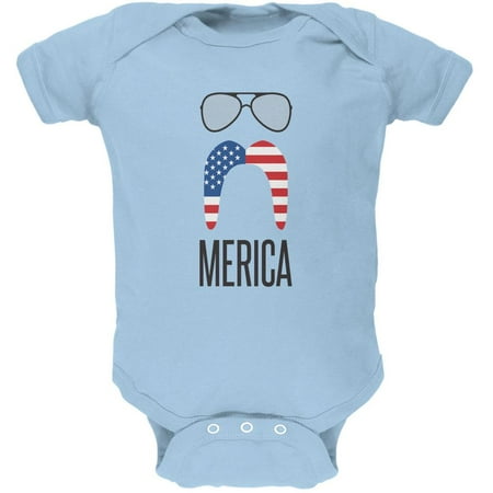 

4th of July Merica Sunglasses and Mustache Light Blue Soft Baby One Piece - 18-24 months
