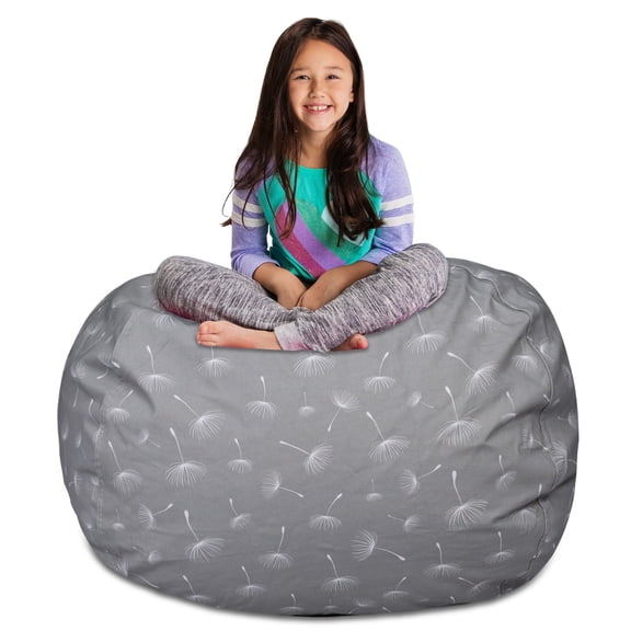 Posh Stuffables Kids Bean Bag Chair Cover Stuffed Animal Storage or Toy Organizer Canvas White Dandelions on Gray 48 Inch Extra Large