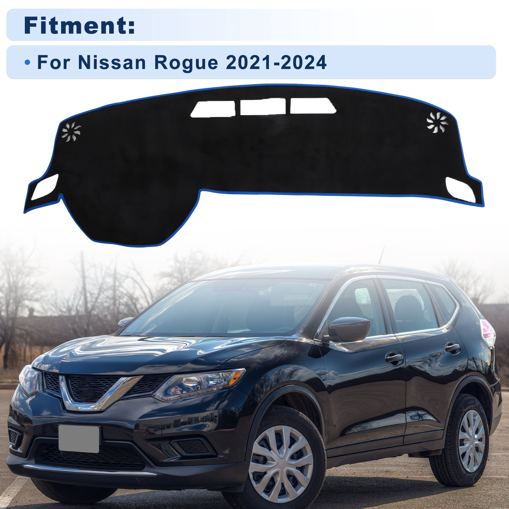 Unique Bargains Dash Cover for Nissan Rogue 2021-2024 Without HUD Dashboard Cover Car Interior Anti-Slip/Anti Dust Suede Black with Blue Edge 1 set