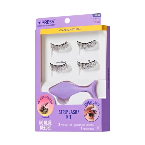 imPress Falsies - Strip Lash Kit - With Applicator - 12mm - No Glue Needed - Classic Natural - 2 Pairs