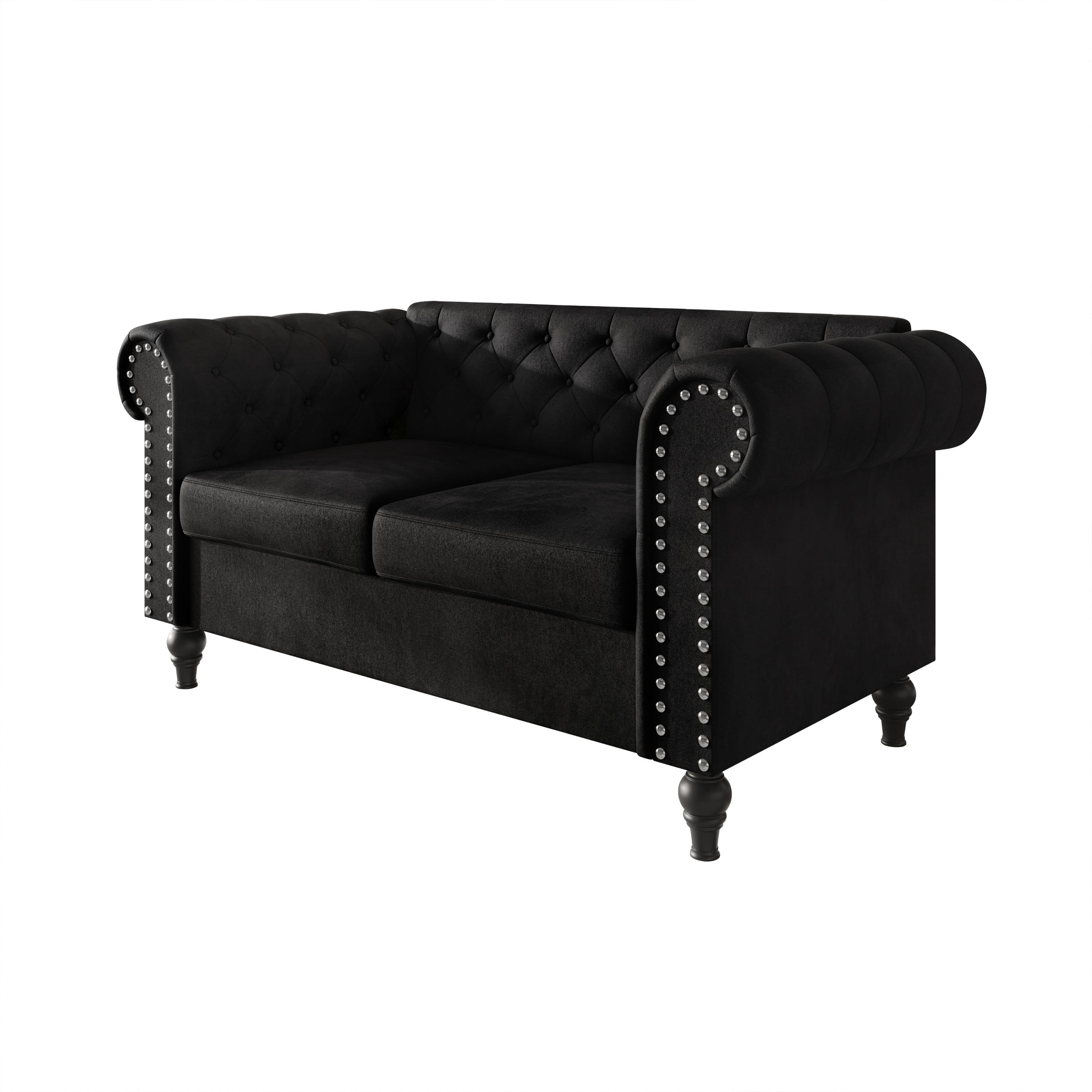 Home Design Kelso Velvet Rolled Arm Loveseat with Deep Button Tufting, Nailhead Trim and Turned Legs, Black