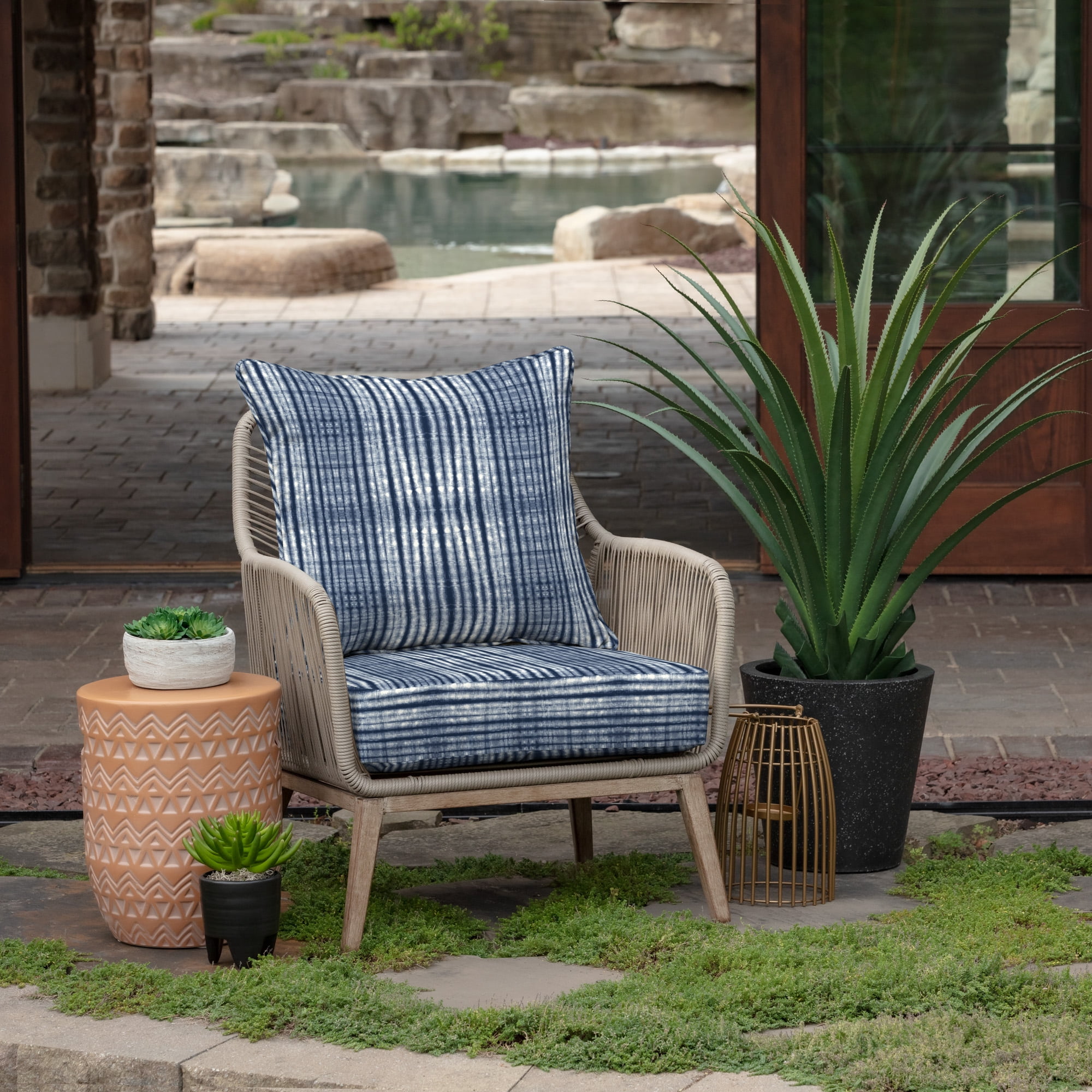 ARDEN Outdoor Deep Seat Cushion Set (2-Pack), 24 in x 24 in, Weather-Proof, Rain-Proof, Fade Resistant Patio Cushion for Chair, Sofa, and Couch Blue Shibori Stripe