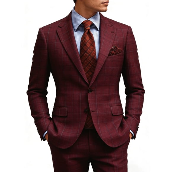Men's Brown Grid Plaid Blazer, Single-Breasted Double-Button Slim Fit Business Casual Suit Jacket with Large Flap Pockets