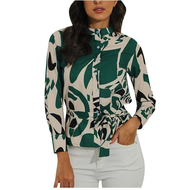 Camisa de manga larga con cinturón de cuello alto estampado ajustado para mujer Tops/camisas de cuello alto de manga larga Pompotops FGAJ22168