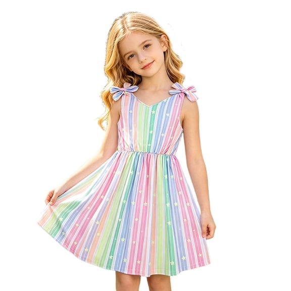 Landzoo Girls Dress Rainbow Print Sleeveless V-Neck Summer Cozy Soft Toddler Kids Girls Dresses Size 7-8 Years