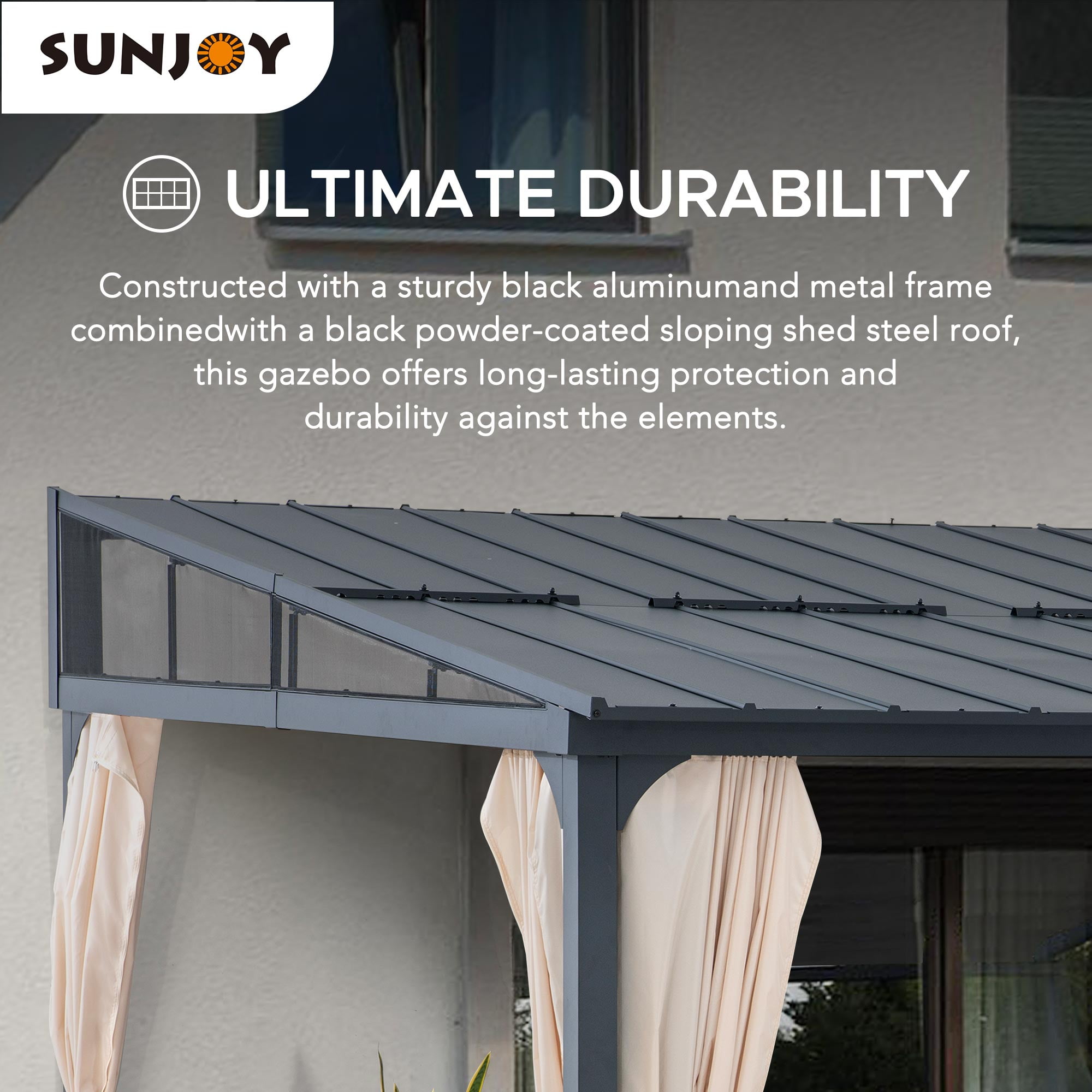 Sunjoy 12’ x 14’ Wall Mounted Gazebo with Powder Coated Steel Roof, Black Aluminum & Metal Frame Lean to Gazebo with Curtains and Netting