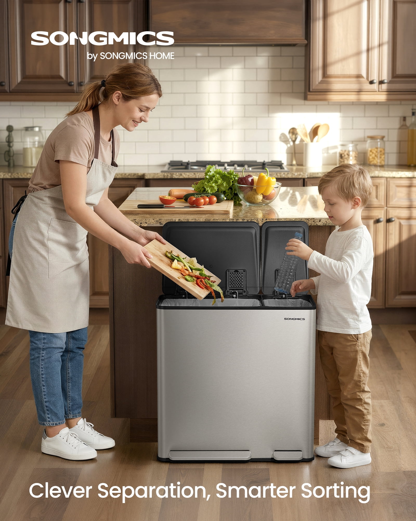 SONGMICS Kitchen Dual Trash Can, 13 + 5.3 Gallon 2-Compartment Trash Bin,Stainless Steel Garbage Can, Pedals, Soft-Close Lids, Inner Buckets, Silver