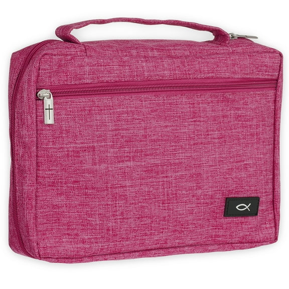Christian Art Gifts Polyester Bible Cover for Men & Women w/ Jesus Fish Patch, Secure Zipper Pocket, Pen Loops, Ribbon Bookmark Markers, Easy Carry Book Case for Stationery, Accessories, Pink, Medium
