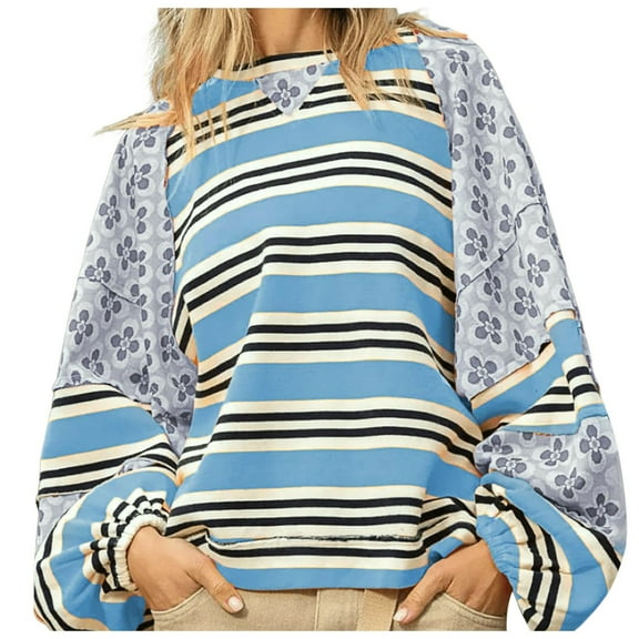 Fshinging Oversize Sweatshirt For Women Hoodie Floral Patchwork Stripe Print Long Sleeve Loose Fit Pullover Sweaters