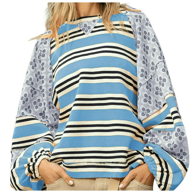 WEAIXIMIUNG Chandail en Molleton Surdimensionné pour Femmes Zip Motif Assorti Col Rond Pull Ample Manches Longues T-Shirt Haut