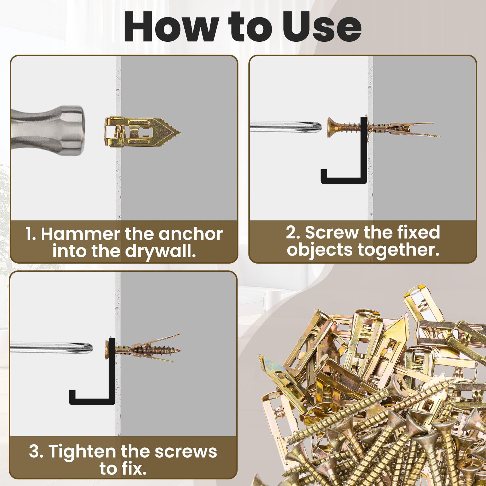 40pcs Self-Drilling Drywall Anchors with 40pcs Screws, Heavy Duty Metal Expansion Screws, Dry Wall Anchors for Gypsum Boards, Cabinets- Gold