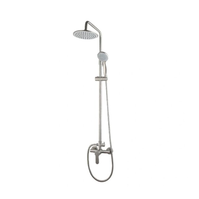 DROP Bath and Kitchen DR091028 Round Wall Mount Shower Set in Chrome Color featuring an 8-inch round brass and ABS plastic shower head, brass and ABS plastic hand shower with 1.5 m stainless steel hose, and chrome finish hardware designed for wall mount installation in bathroom renovation.