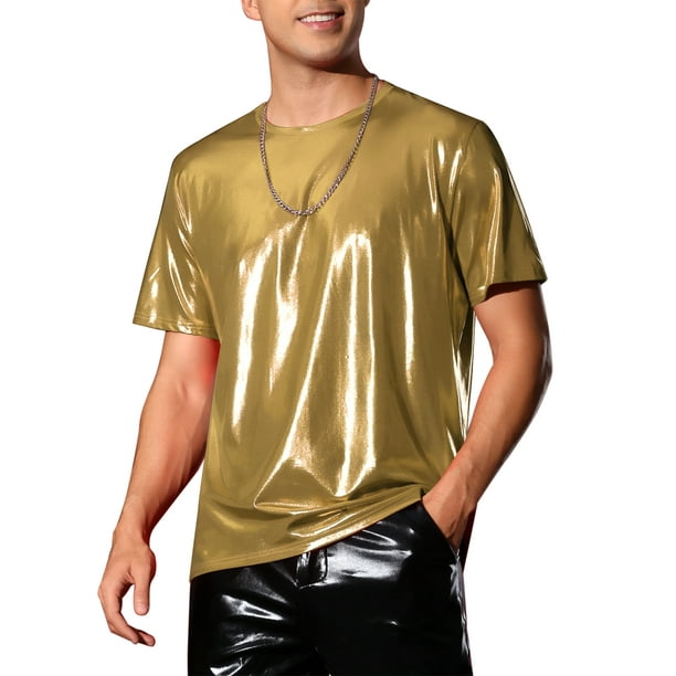 Camiseta Brillante INSPIRE CHIC para Hombre, Cuello Redondo, Mangas Cortas, Tops Metálicos para Fiesta Disco Dorado XL