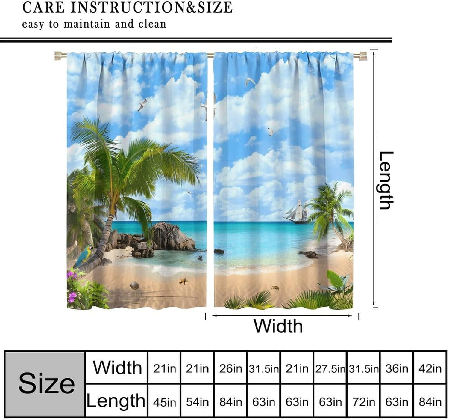 Summer Beach Curtains, Tropical Island Coastal Landscape Ocean Plam Trees Blue Sky Seaside Scene Blackout Window Curtains for Cafe Kitchen Bedroom Bathroom, 84" W X 84" L