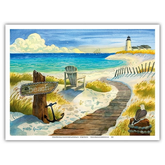 Boardwalk to the Lighthouse - Beach Chair Ocean View - From an Original Watercolor Painting by Robin Wethe Altman - Master Art Print (Unframed) 9in x 12in
