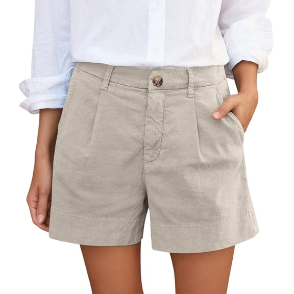 XIAONU Pleated Front Denim Shorts For Women Relaxed Fit High Waisted Mid Thigh Linen Short Lightweight Casual Summer Shorts