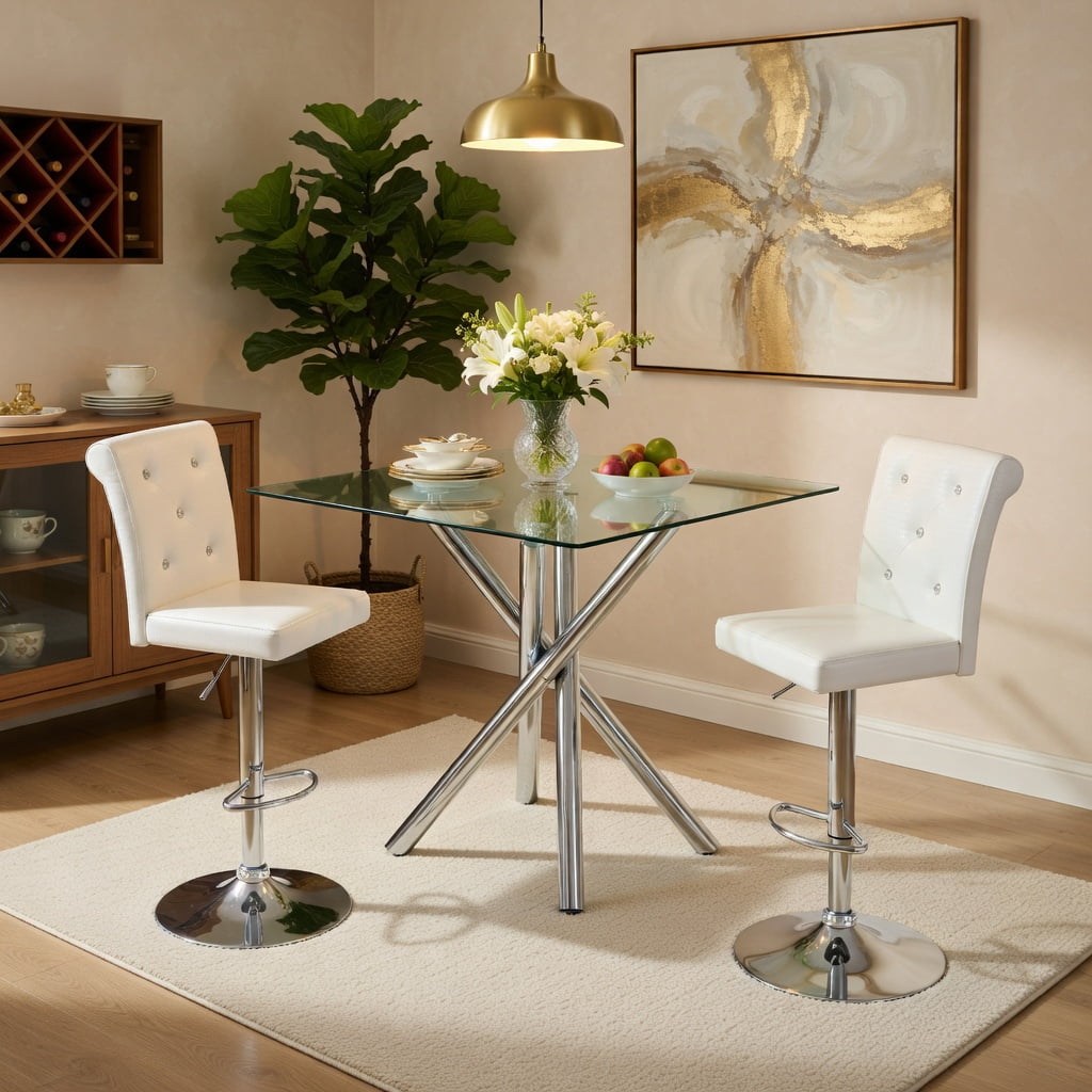 Hommoo Modern 3-Piece Glass Bar Table Set with Adjustable Swivel Bar Stools, Chrome Metal Frame, PU Leather Seating, Compact Counter Height Design for Kitchen Island, Home Bar, White & Sliver