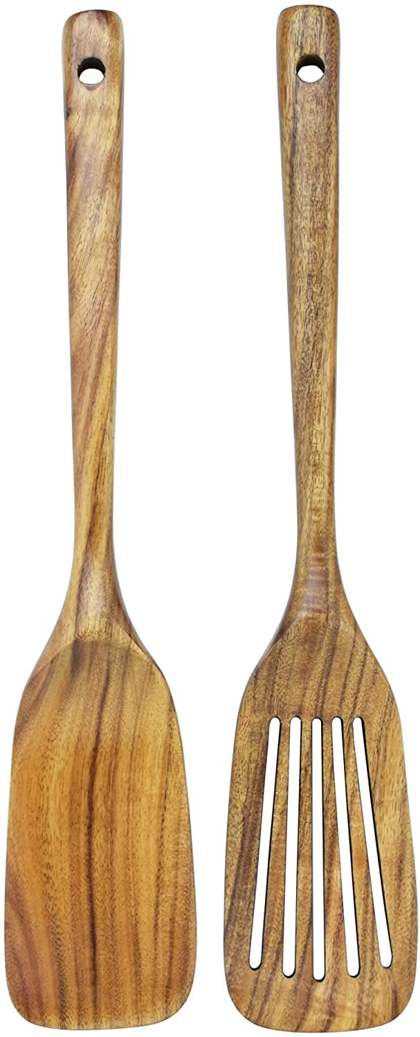Wooden spatula and openwork spatula for cooking, in natural teak, long