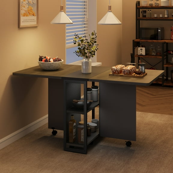 Space Saving Folding Dining Table with 2 Tier Storage-Extendable Drop Leaf Farmhouse Kitchen Dining Room Tables Set for 4