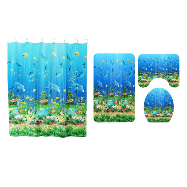 Nueva alfombra con estampado de océano, alfombrilla absorbente de agua para baño, alfombrilla antideslizante, cortina de ducha, conjunto de cuatro piezas Wmkox195yii hfskjfh188