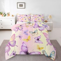 Homewish Kids Dreamy Butterfly Full Size Comforter Sets, Magic Animal Bedding Comforter Set, Yellow Purple Cartoon Reversible Bedding Sets, Luxury Bedroom Decor, 3-Piece