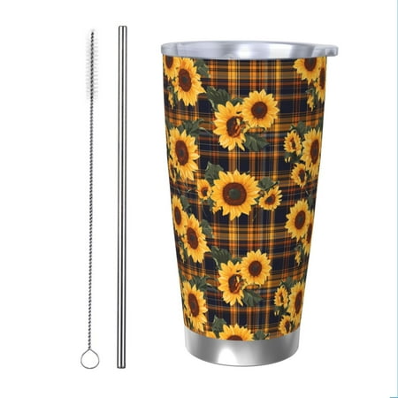 

KLL Brown Blue Plaid Sunflower Print 40oz Stainless Steel Insulated Car Cup with Spillproof Lid - Keep Your Drink Hot or Cold on the Go-Straw Two-piece Set