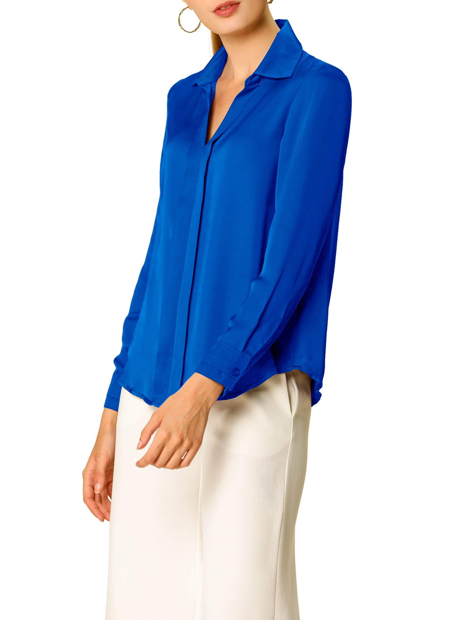 DARING DIVA Women's V Neck Classic Work Office Long Sleeve Shirt L Royal Blue