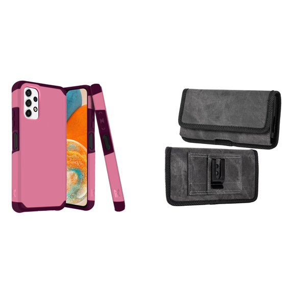 MK Armor Case for Samsung Galaxy A23 5G and Belt Holster Pouch (Pink/Grey)