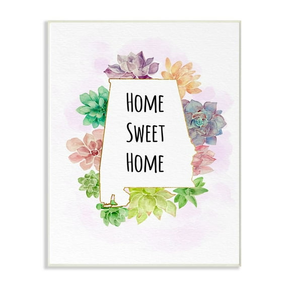 The Stupell Home Decor Collection Alabama State Home Sweet Home Succulent Watercolor Vignette Wood Wall Art