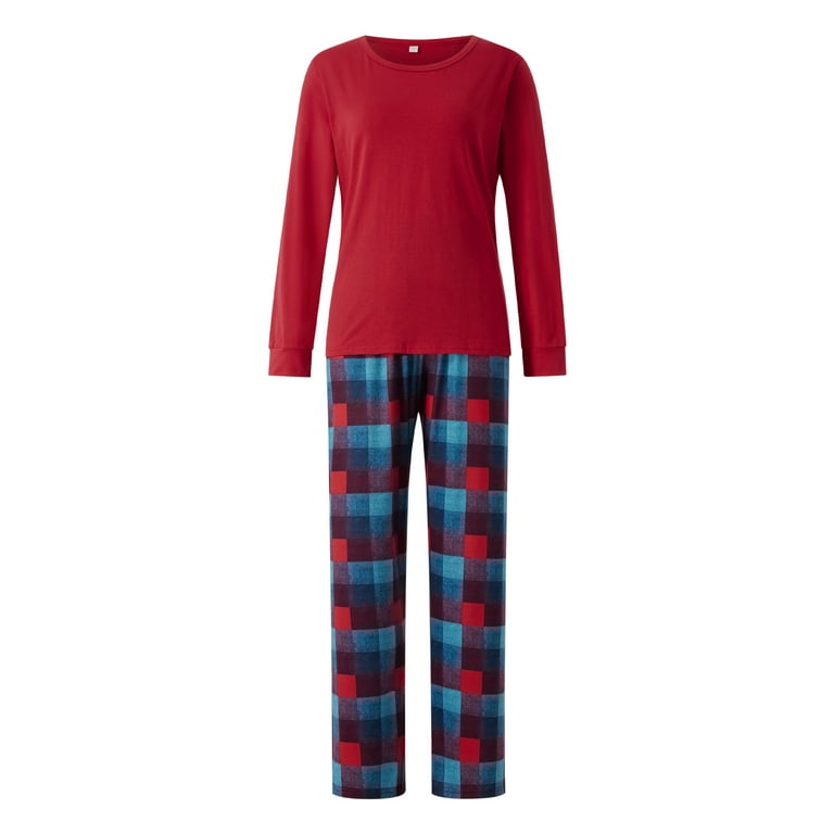 Sunisery Family Matching Christmas Pajamas Set Solid Color Long Sleeve Tops  Plaid Pants for Adult Kids Baby Dog Sleepwear Homewear