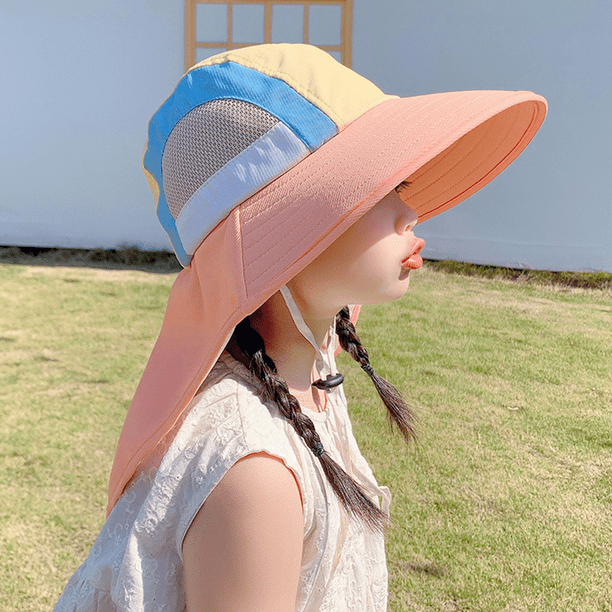 KUIZAP Summer Baby Sun Hat With Neck Flap Strap Wide Brim Beach Hats Kids  Bucket Hat UV Protection Panama Cap For Boys Girls Outdoor(Dark blue) 