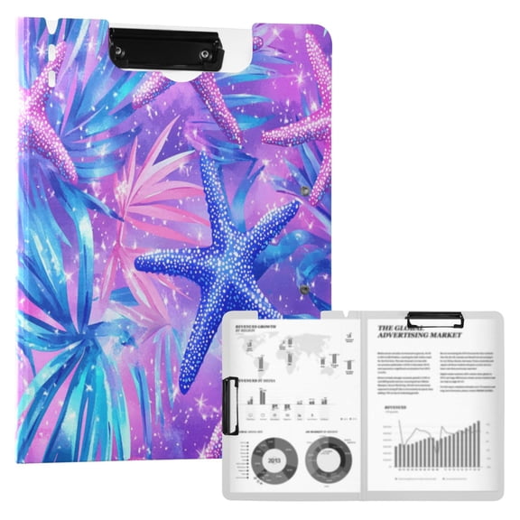FORMRS A4 Clipboard Folder with Pen Holder Horizontal Foldable School Office Binder, Purple Starfish Pattern