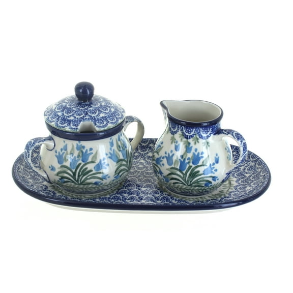 Blue Rose Polish Pottery Tulip Bouquet Small Cream & Sugar Set with Tray