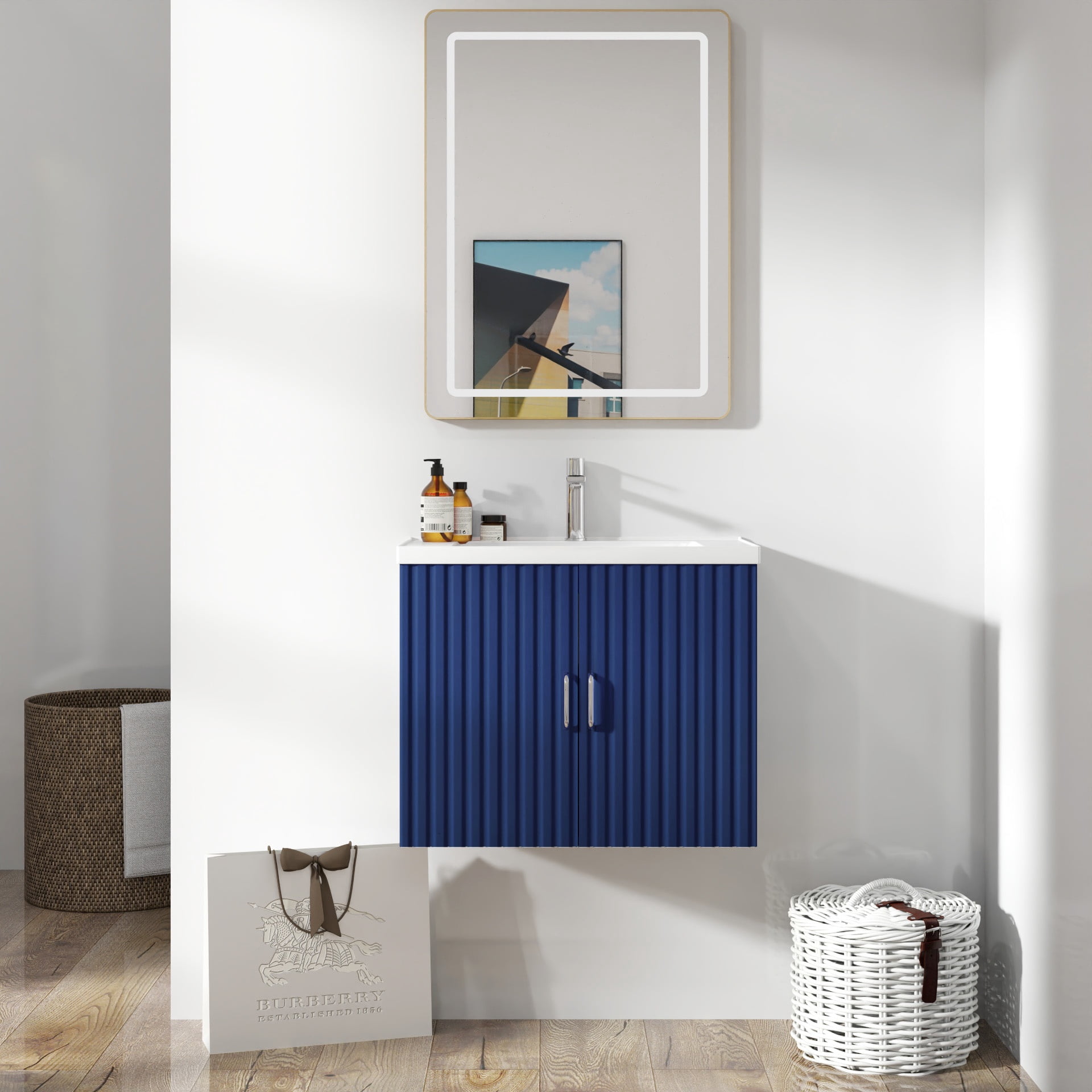 PORKISS 24” Bathroom Vanity, Modern Wall Mounted Floating Vanity with Porcelain Sink and Wood Soft Close Doors, Blue
