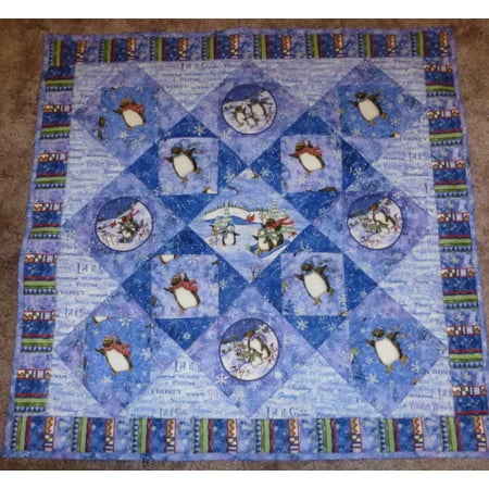 Lap Quilts Quilted Wall Hangings - Quilted Christmas Wall Hanging Winter Wonderland, Penguins Having Fun