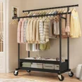 thumbnail image 2 of Raybee Heavy Duty Clothing Racks with Net Pocket Holds Up to 210lbs,Double Rod Metal Clothes Rack for Hanging, Rolling Garment Rack with Wheels Portable Closet Racks for Bedroom, Laundry Room,Dorm, 2 of 10