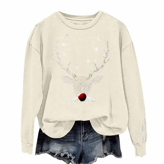 Lorytime Womens Crewneck Sweatshirt Fall Christmas Reindeer Print Shirt Long Sleeve Pullover Loose Tops for Holiday