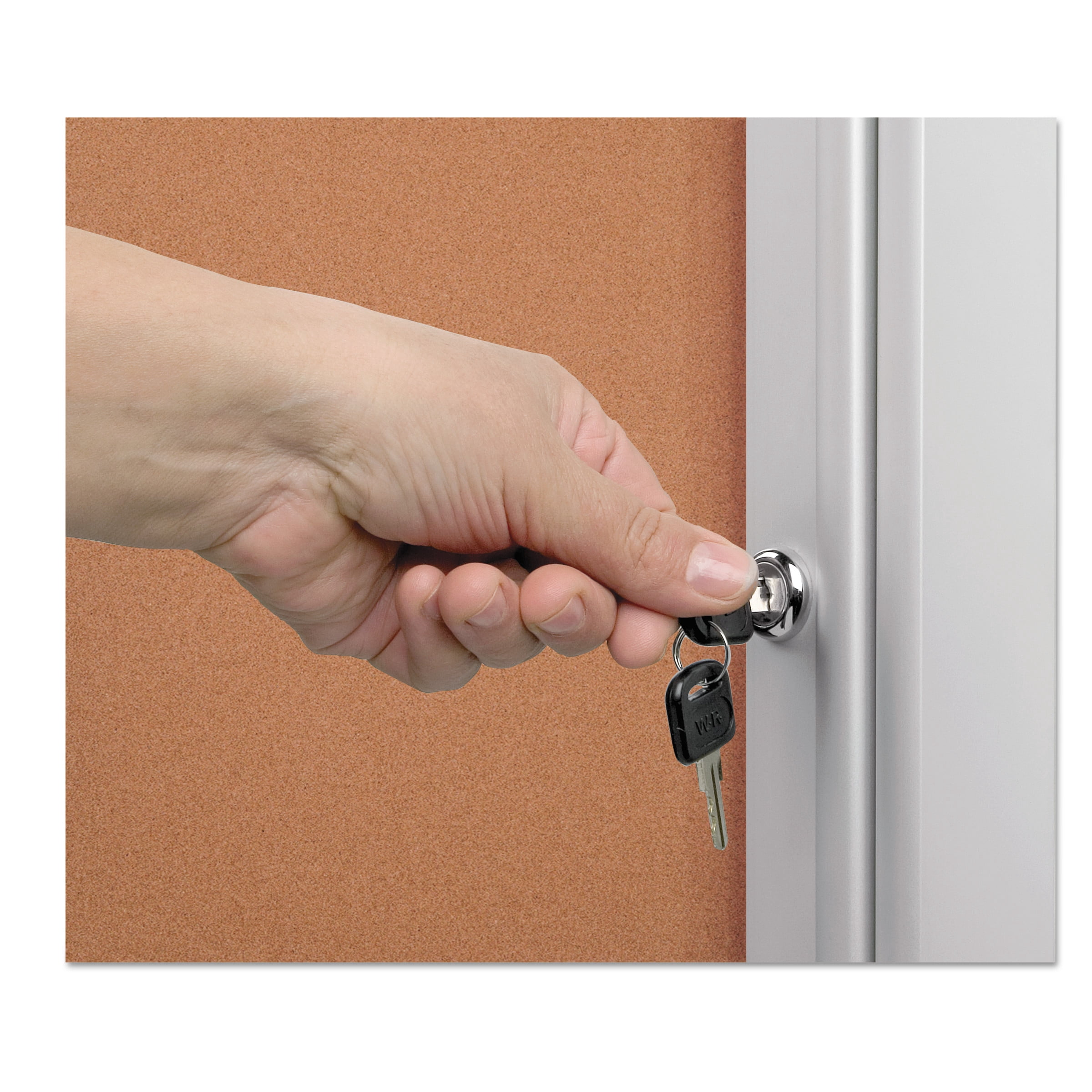 MasterVision VT630101690 28 in. x 38 in. Slim-Line Enclosed Cork Bulletin Board with One Door - Tan Surface/Satin Aluminum Frame